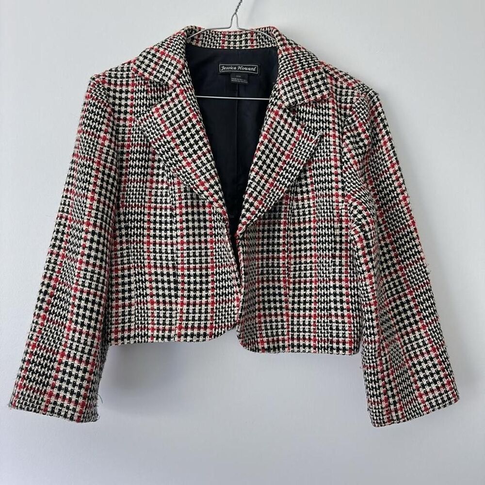 Vintage 90s Jessica Howard cropped houndstooth plaid pattern blazer